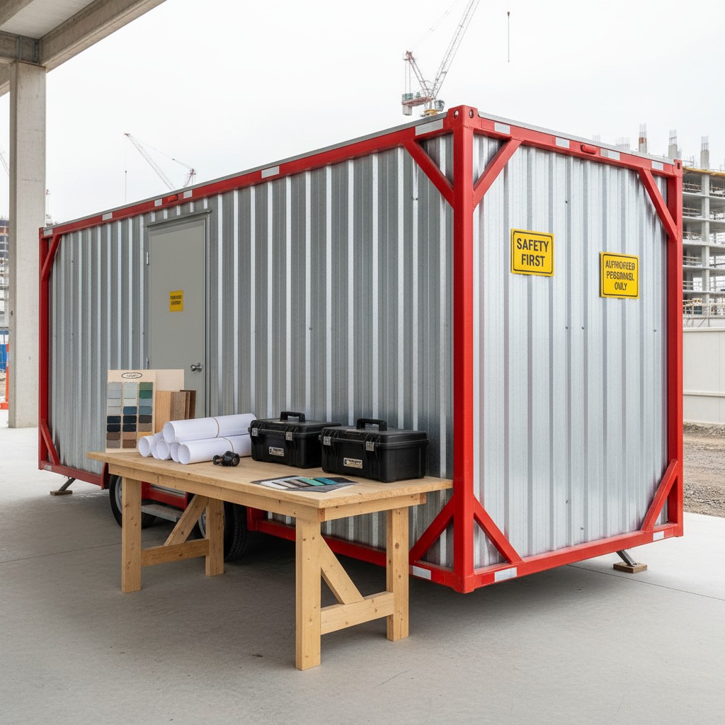 Several portable buildings, a work table, and roll-up workbenches are situated in a small, outdoor construction site in a ...