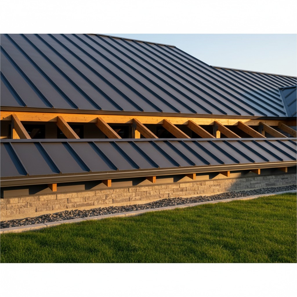 The image appears to depict the side of a building, possibly commercial or residential, featuring a metal roof and a wall ...